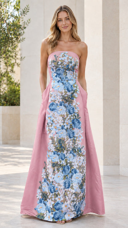 Front view of strapless dusty pink formal maxi dress with blue floral print