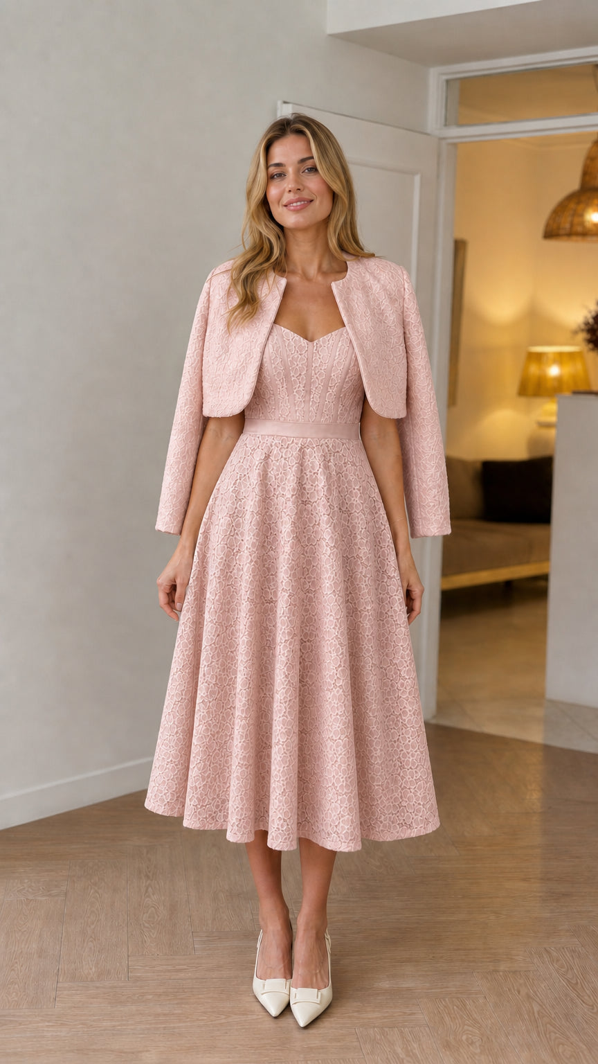 Blush Pink lace sweetheart midi dress and bolero jacket set