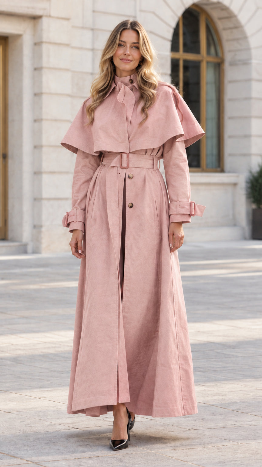 Full-length front view of model wearing Dusty Pink Maxi Cape Trench Coat