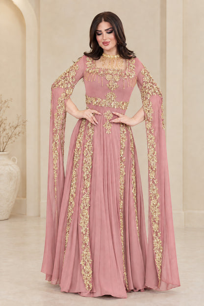 Dusty rose gold embellished cape sleeve formal maxi dress