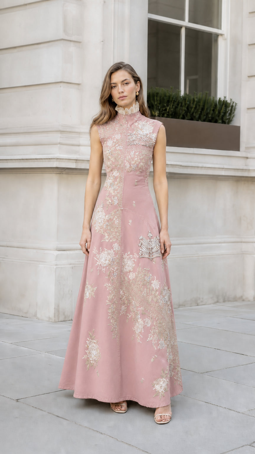 Front view of pink embroidered maxi dress