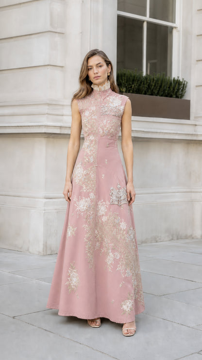 Front view of pink embroidered maxi dress
