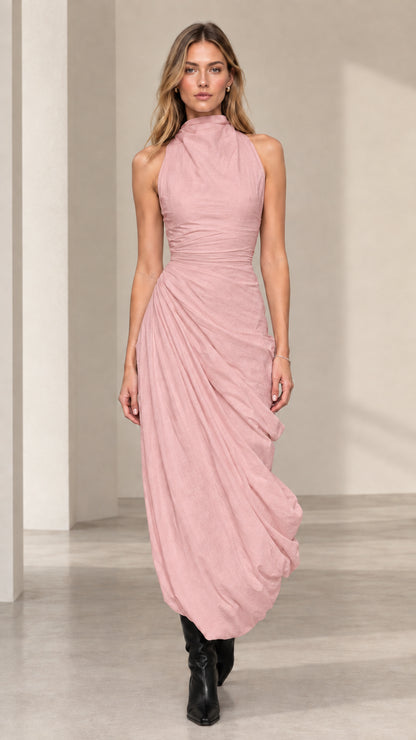 Front view of model wearing blush pink sleeveless ruched maxi dress