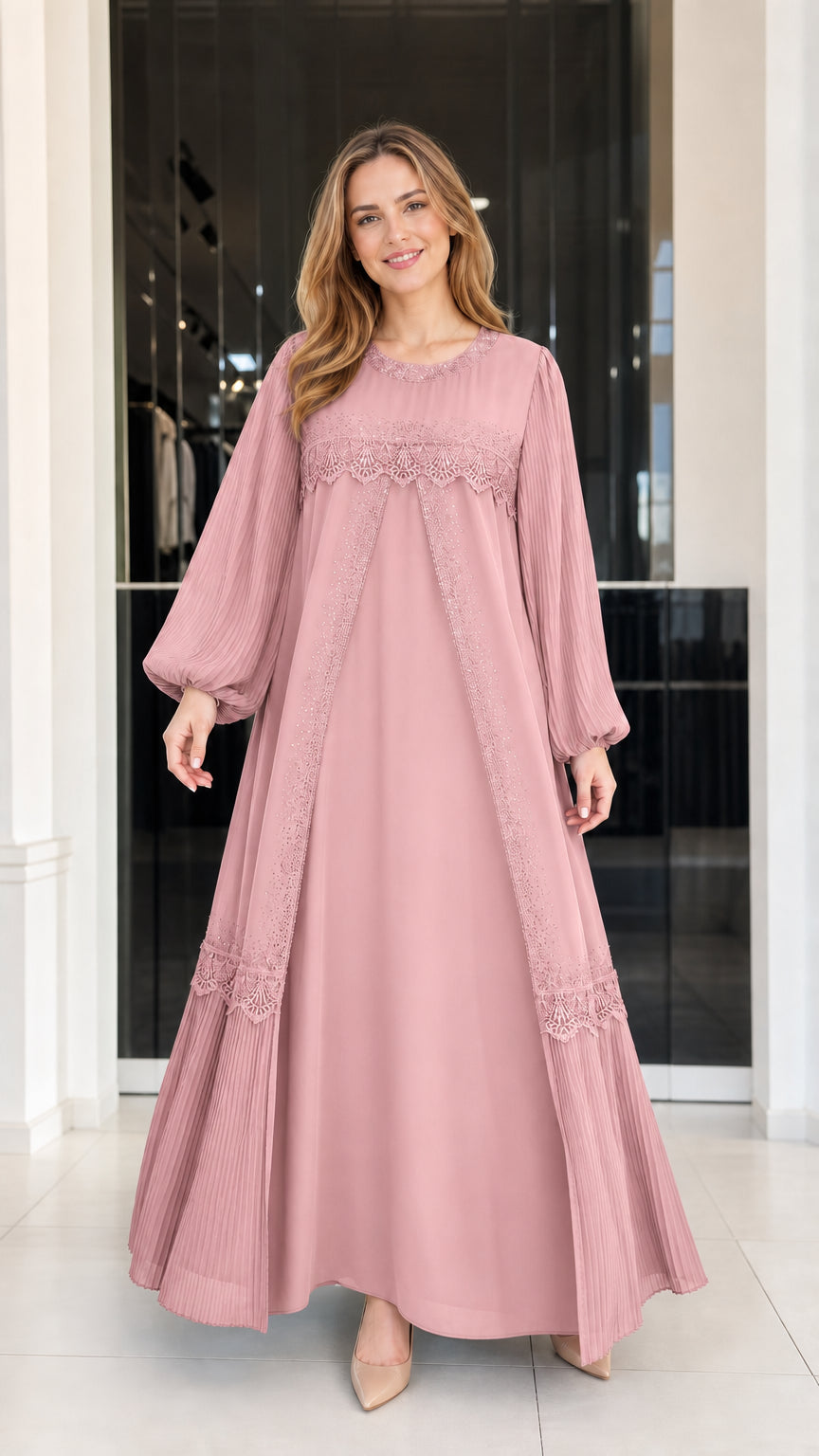 Front view of woman wearing dusty pink long sleeve lace trim evening maxi dress