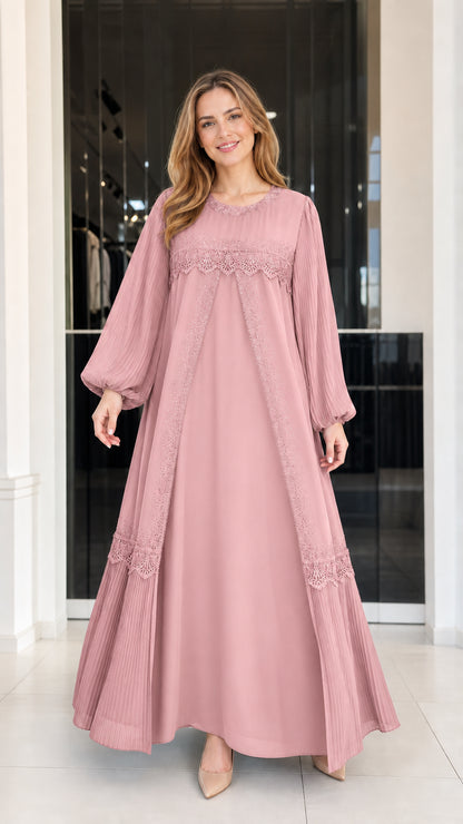 Front view of woman wearing dusty pink long sleeve lace trim evening maxi dress