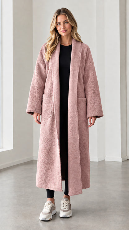 Model wearing dusty pink textured longline open front duster coat