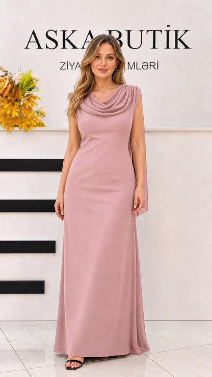 Front view of dusty pink cowl neck sleeveless evening maxi dress
