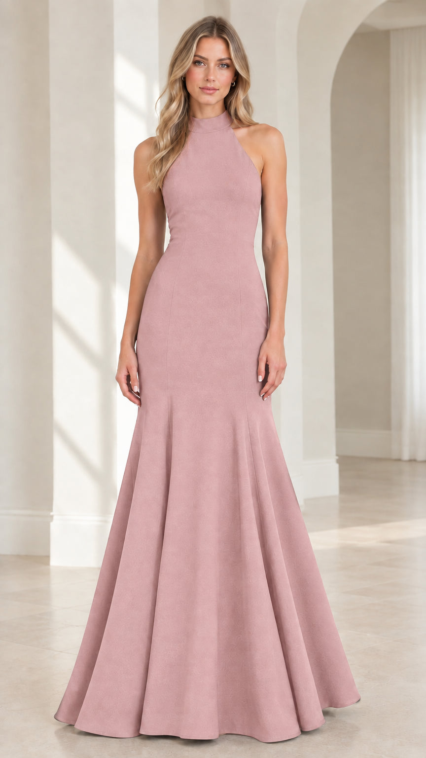 Front view of model wearing Dusty Pink halter neck formal maxi gown