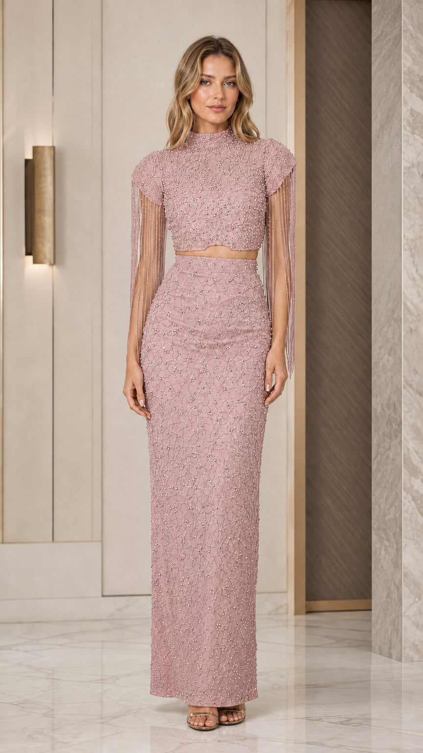 Dusty Pink Beaded Fringe Sleeve Two-Piece Maxi Dress Set