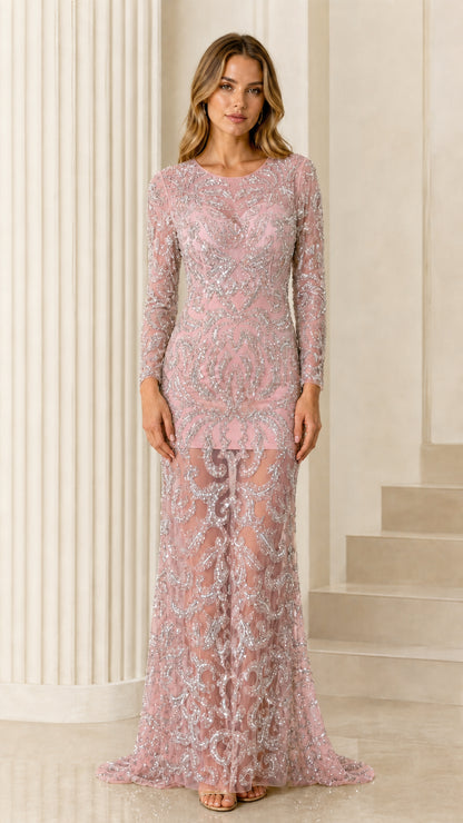 Blush pink long sleeve sequin embroidered gala evening gown