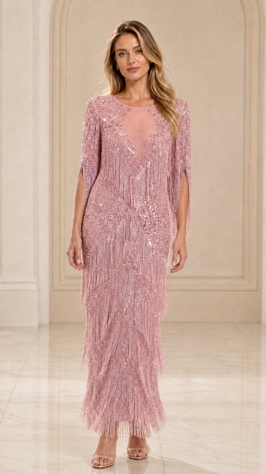 Dusty rose pink sequin fringe formal gown with split cape sleeves