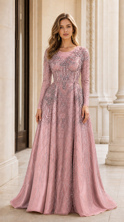 Full-length front view of dusty pink embellished formal long sleeve dress