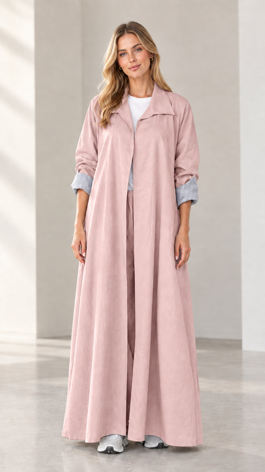 Full-length front view of woman modeling dusty pink long duster trench coat