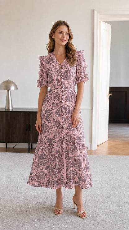 Model wearing dusty pink floral print ruffle short sleeve midi dress