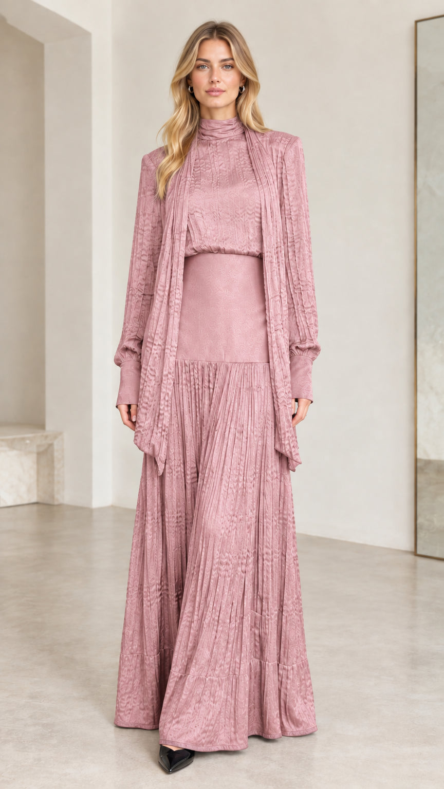 Dusty rose textured pleated maxi dress and cardigan ensemble