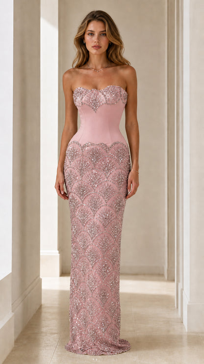 Pink sequin strapless evening gown