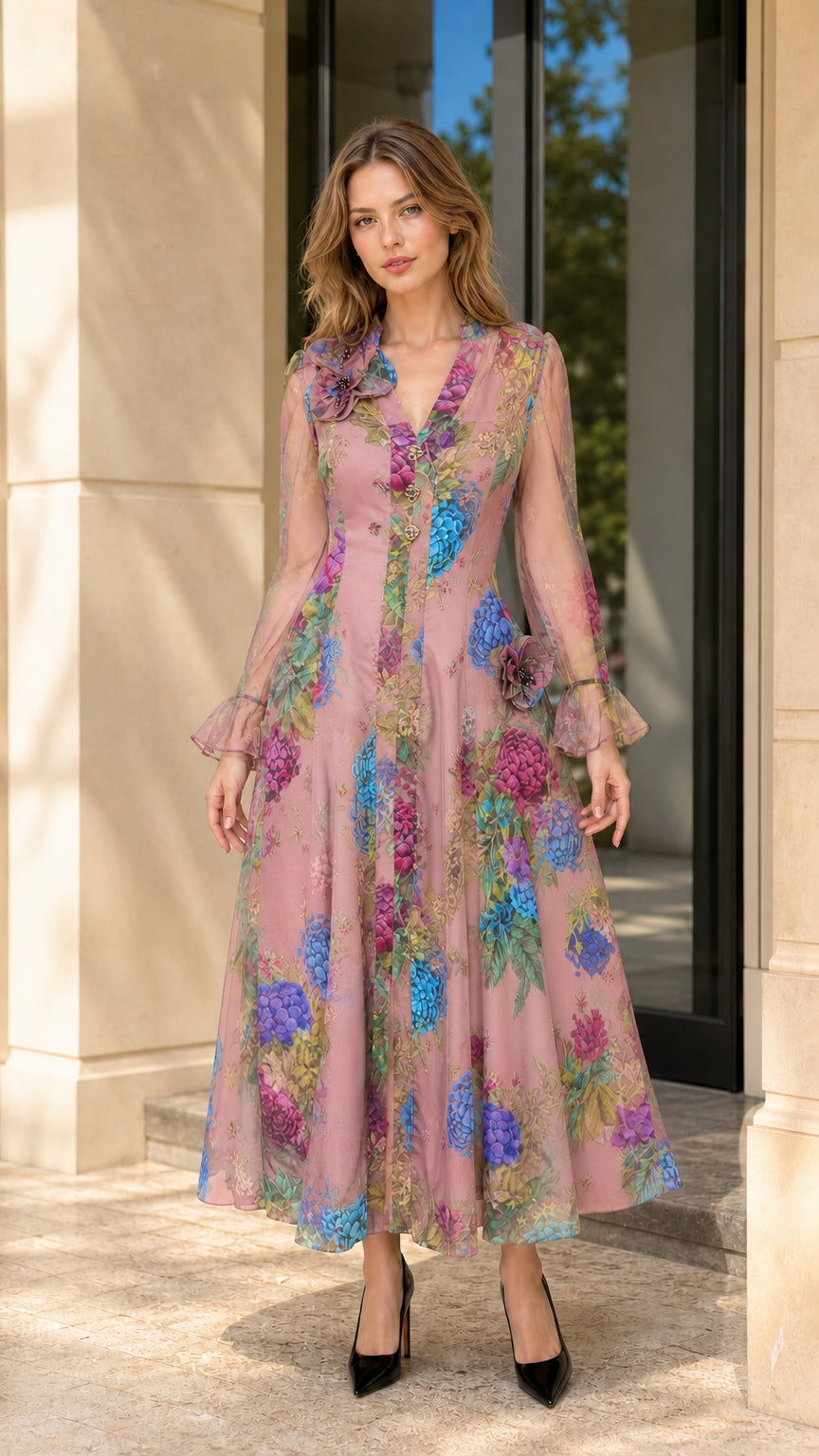 Full front view of model wearing dusty pink floral print long sleeve maxi dress