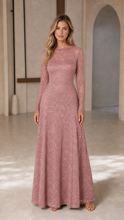 Front view of model wearing dusty rose long-sleeve lace gown
