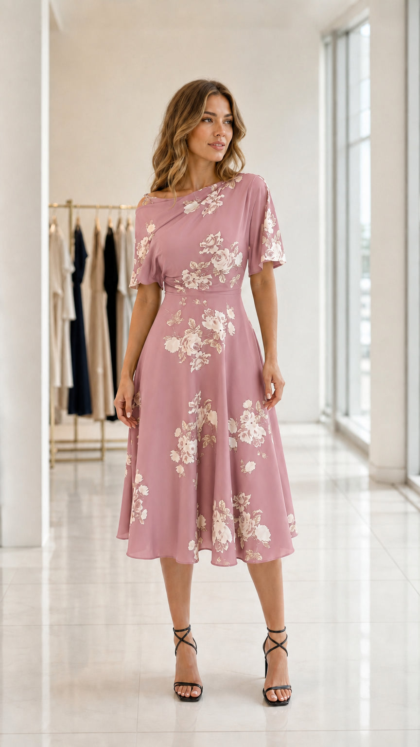 Front view of model wearing dusty rose floral asymmetrical midi dress
