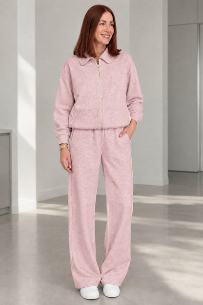 Woman wearing Blush Pink two-piece collared lounge set