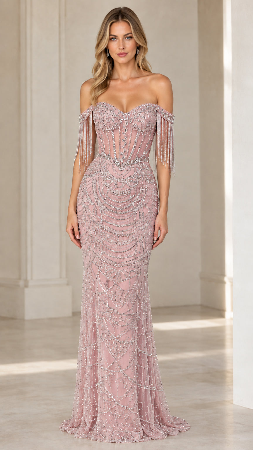 Dusty pink sequin embellished off-shoulder formal evening dress