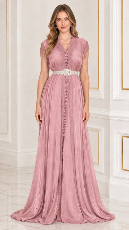Dusty pink pleated kaftan maxi dress with waist belt