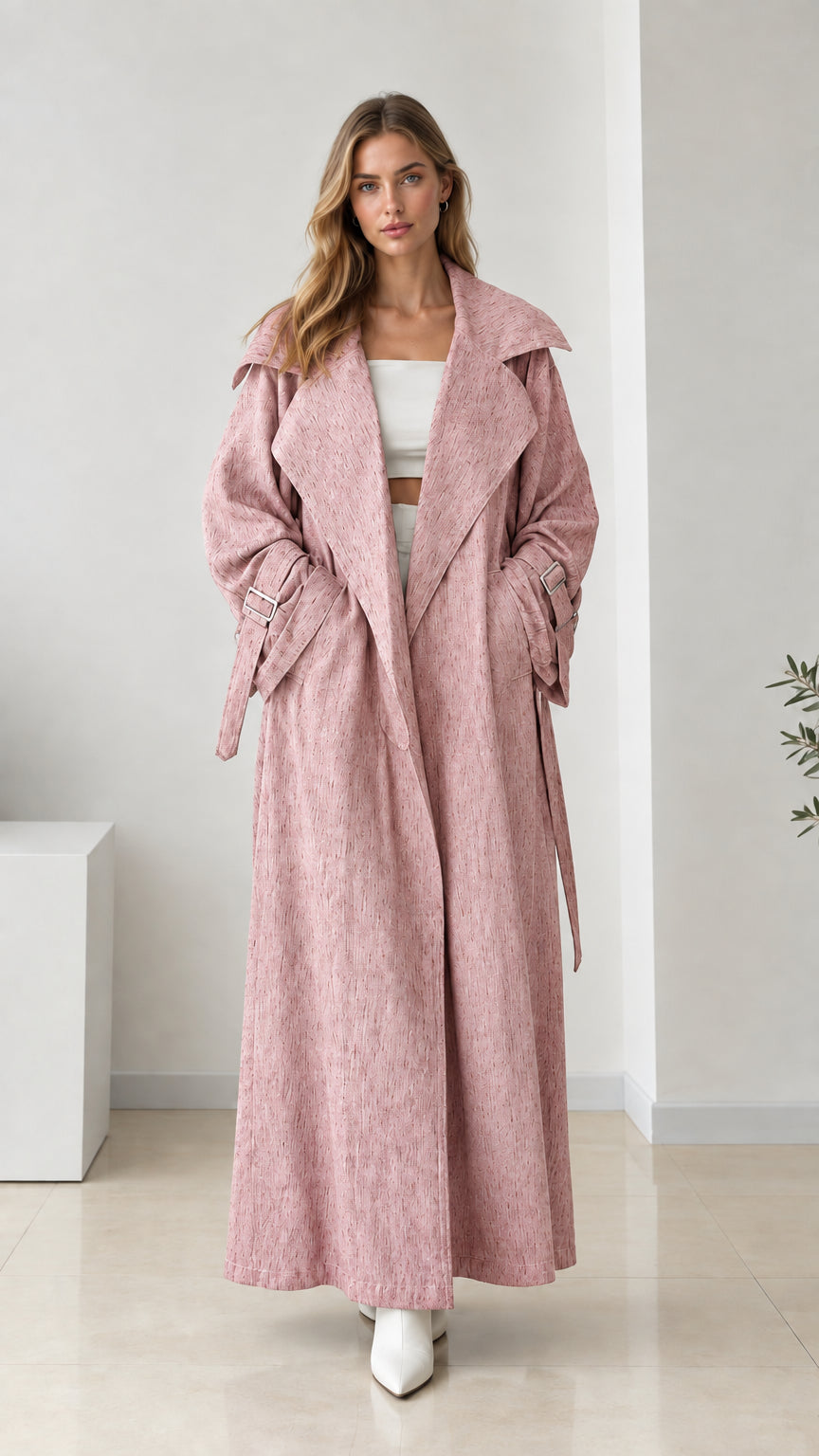 Full front view of women's blush pink maxi trench coat