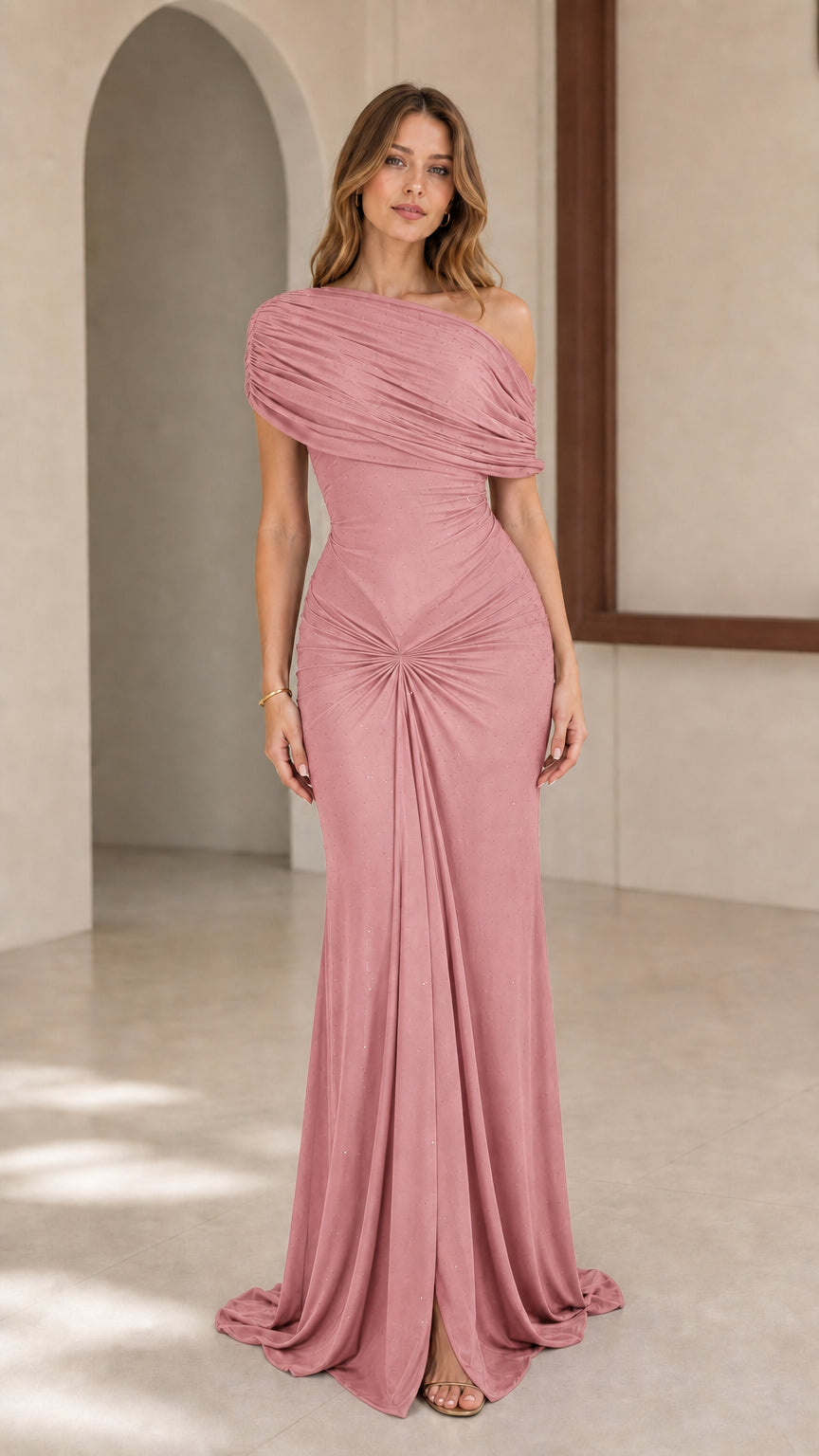 Model wearing Dusty Rose one-shoulder ruched evening gown