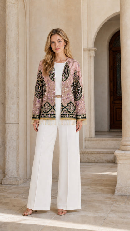 Front full view of Dusty Rose embroidered jacket paired with white palazzo pants