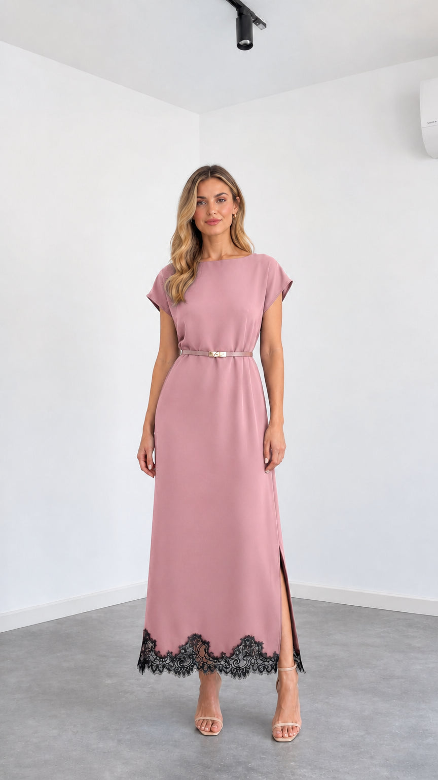 Front view of dusty rose cap sleeve belted column maxi dress with black lace hem