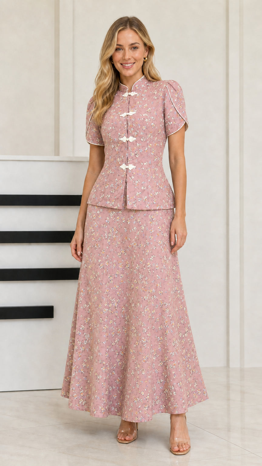 Dusty Pink floral print Mandarin collar two-piece maxi set