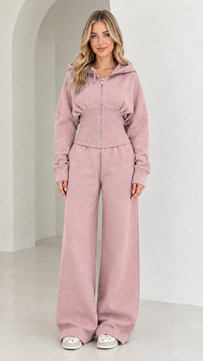 Full-length view of women's corset hoodie and wide-leg sweatpants set in Dusty Rose