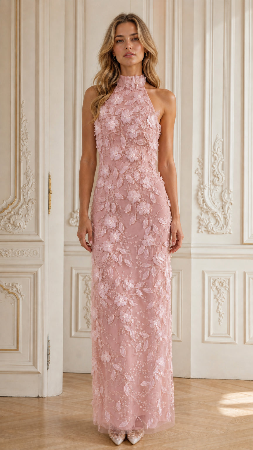 Blush pink 3D floral applique halter maxi formal dress