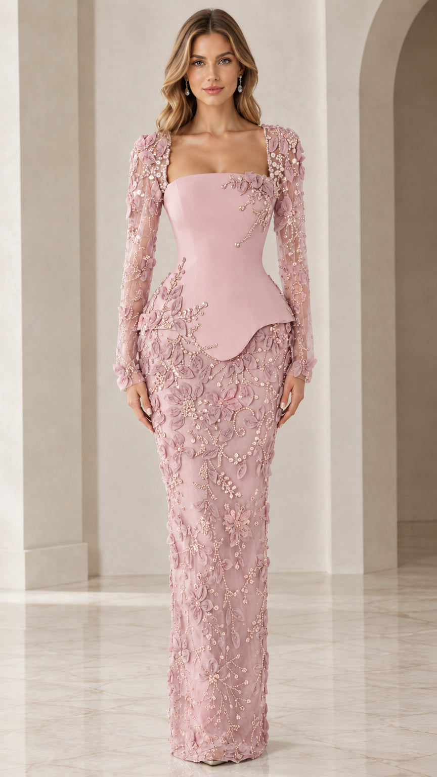 Blush Pink floor-length evening dress with long lace sleeves and peplum waist