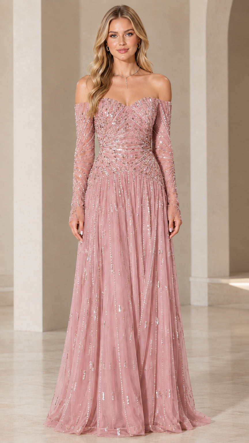 Front view of dusty rose off-the-shoulder beaded A-line gala gown
