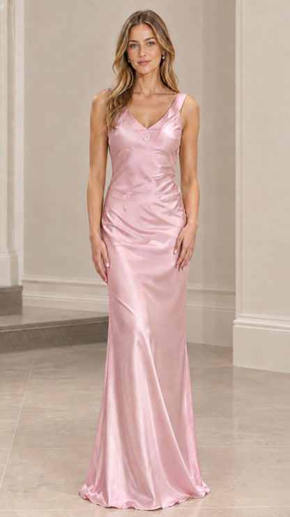 Front view of model wearing blush pink satin V-neck maxi dress