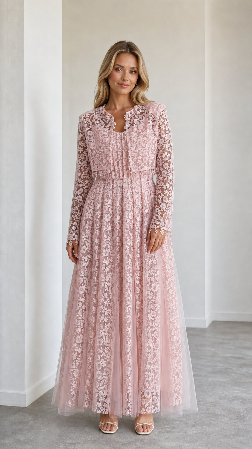 Model wearing dusty pink lace maxi dress and jacket set