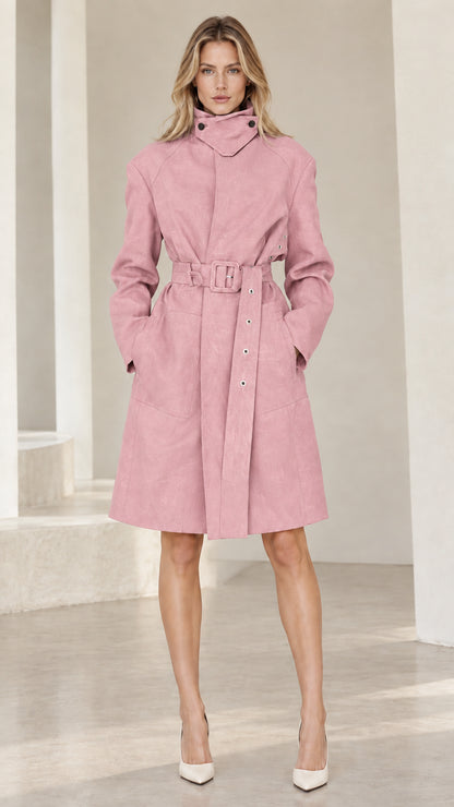 Front view of woman wearing Dusty Pink stand collar belted trench coat