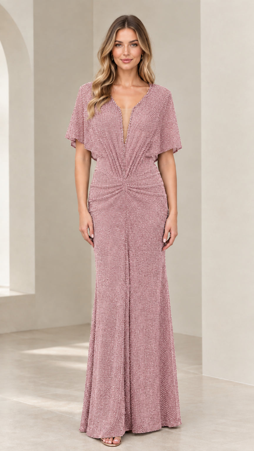 Model wearing Dusty Pink shimmer maxi dress with ruched twist waist