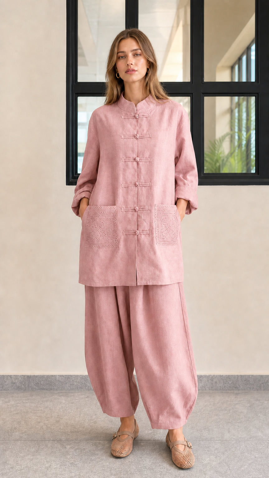 Front view of dusty pink linen blend tunic top and matching lantern pants set