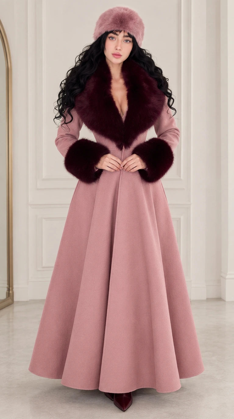 Front view of woman wearing dusty pink maxi coat with contrasting wine red faux fur trim