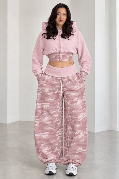 Model wearing Dusty Pink cropped zip hoodie and pink camouflage wide-leg sweatpants set