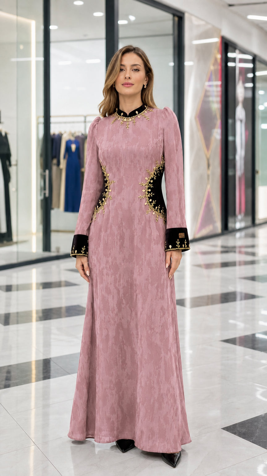 Dusty pink textured long sleeve maxi dress with contrast black velvet trim