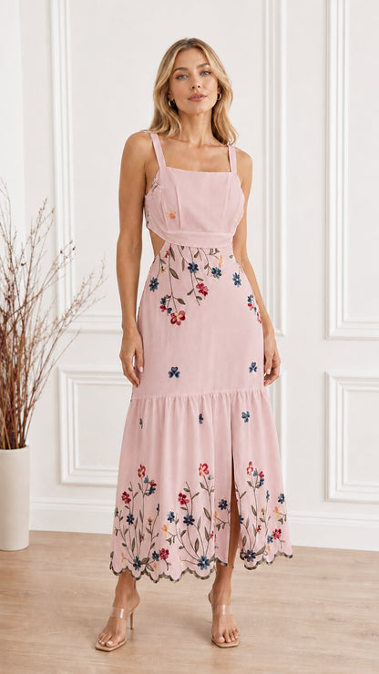 Front view of Pink Floral Embroidered Cutout Square Neck Maxi Dress