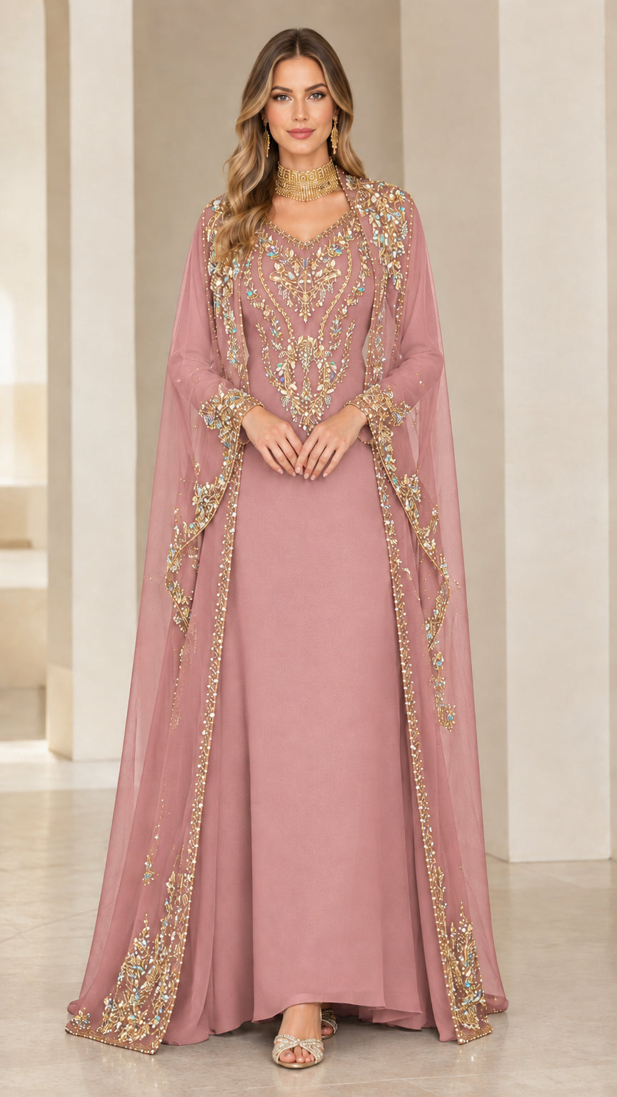Full-length front view of dusty rose pink embellished cape evening maxi dress
