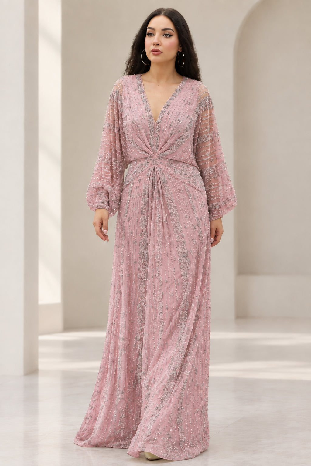 Front view of Blush Pink embellished V-neck long sleeve maxi gown