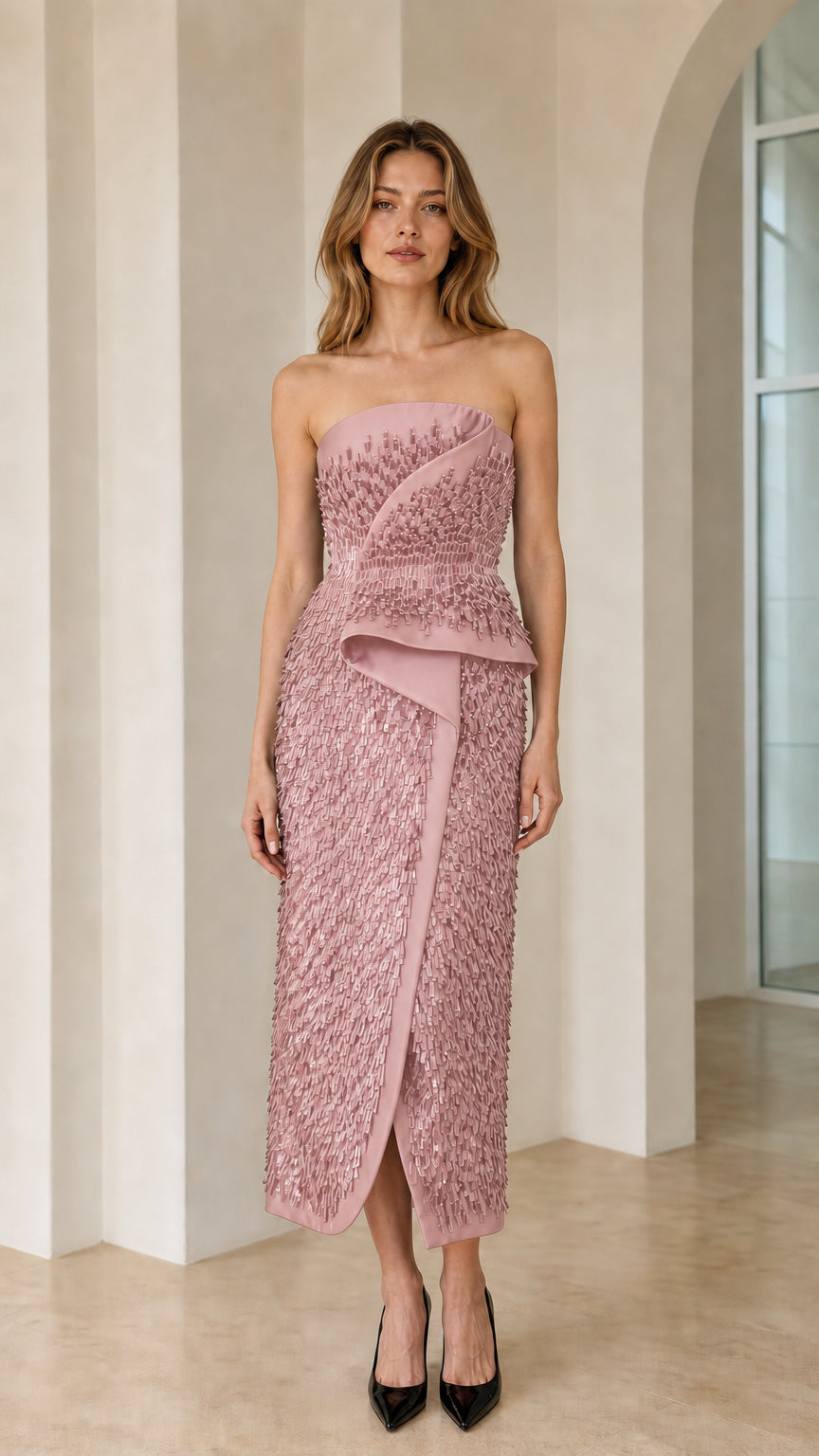 Dusty rose color variant of strapless beaded peplum midi dress
