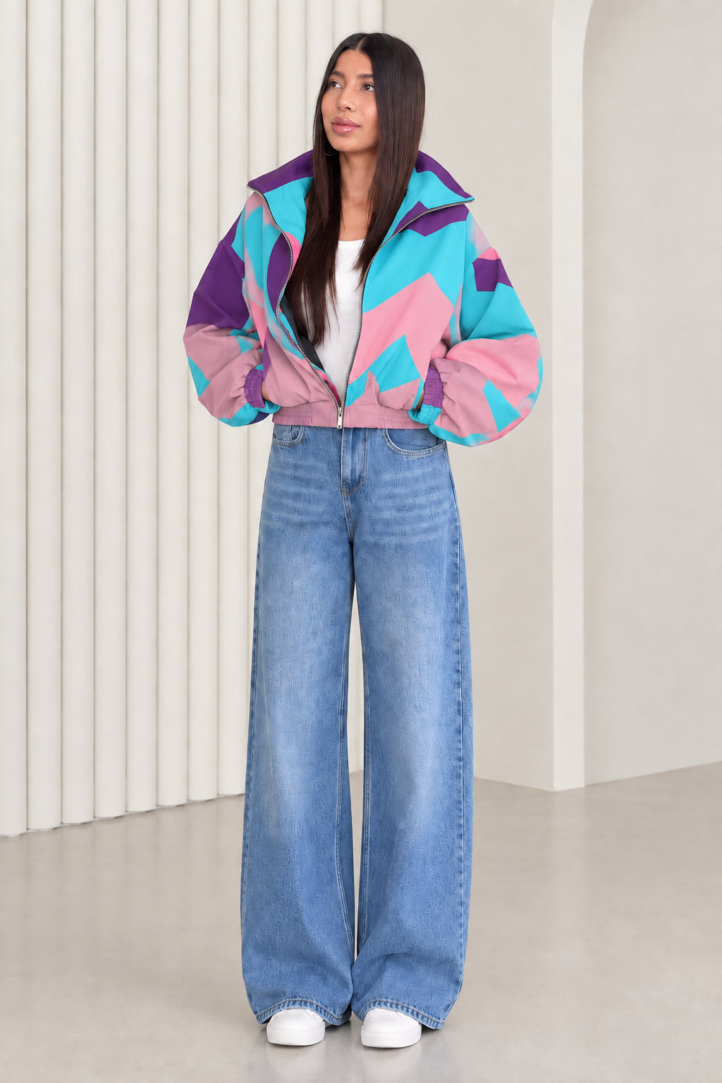 Woman wearing pink and lavender pastel colorblock retro zip-up windbreaker jacket