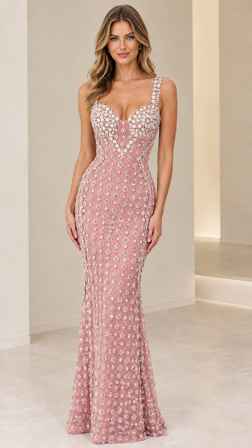 Model wearing blush pink rhinestone-embellished sweetheart mermaid evening gown