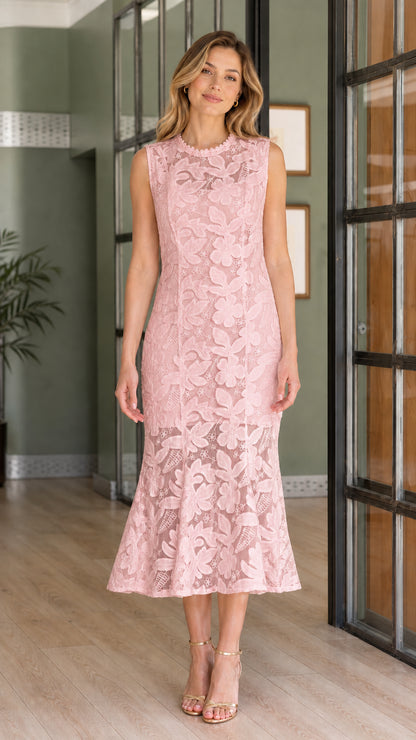Front view of model wearing blush pink sleeveless lace mermaid midi dress